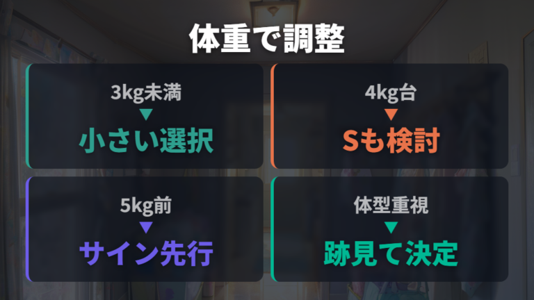 体重3kg未満や4kg台では小さめサイズとSサイズを柔軟に考える