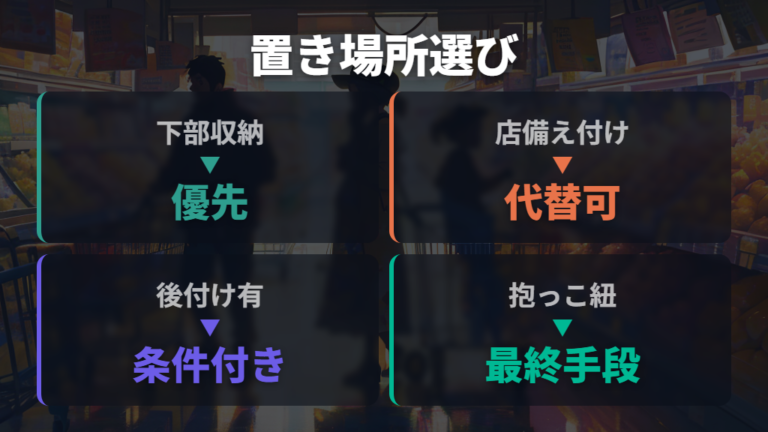 買い物かごの置き場所は下部収納とベビーカートを優先する