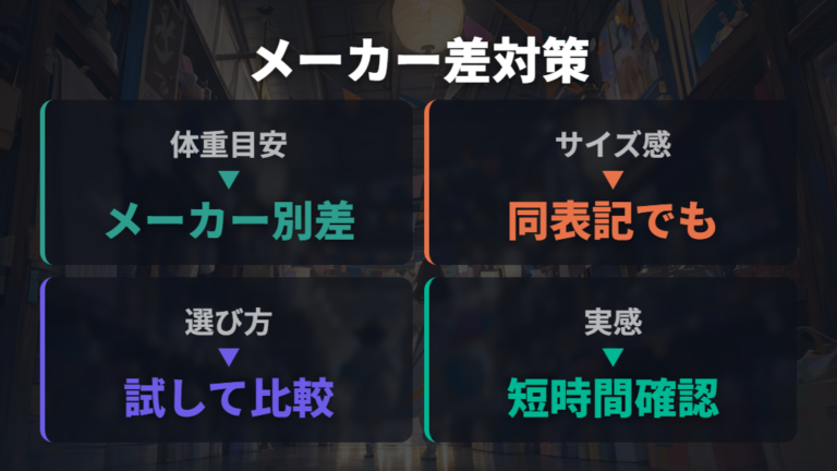サイズと体重目安の選び方はメーカー差も試す