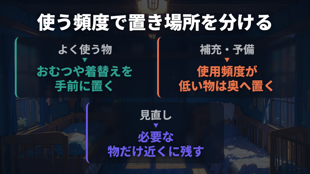 おむつ・着替えを中心に、使う頻度で置き場所を分ける