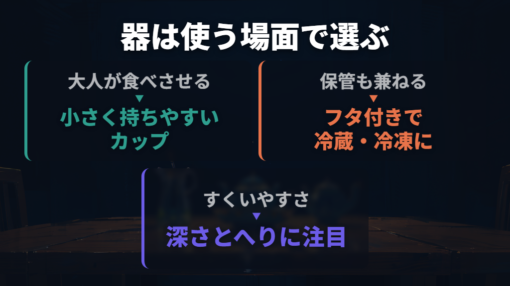 器は、少量を入れて持ちやすいカップとすくいやすい形に注目する