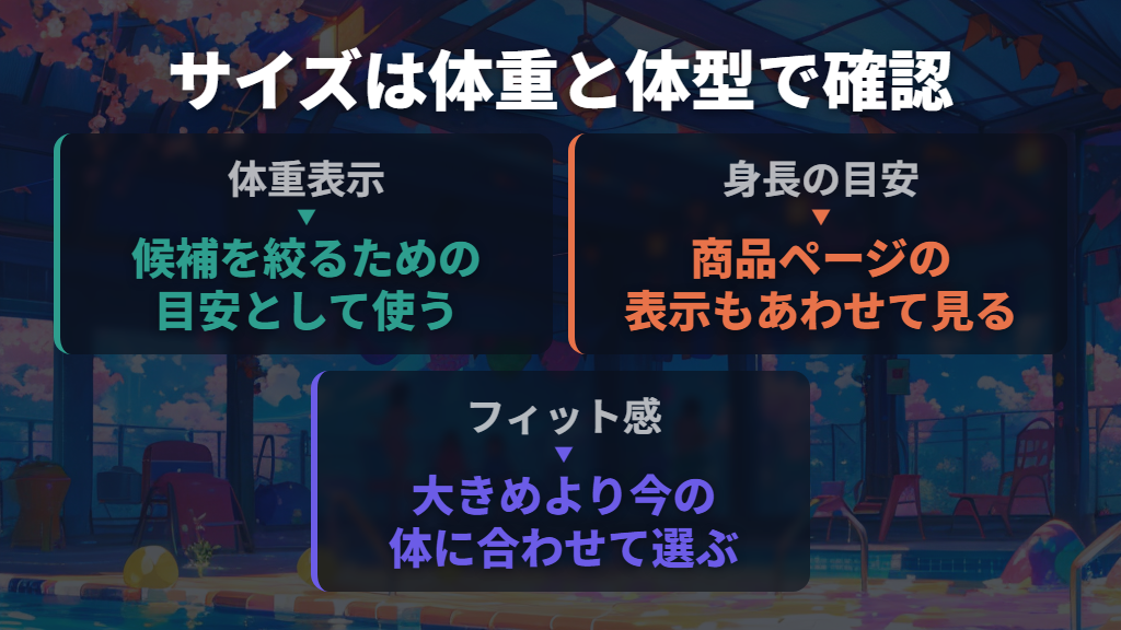 サイズは大きめを買わず、体重の目安と体型で合わせる