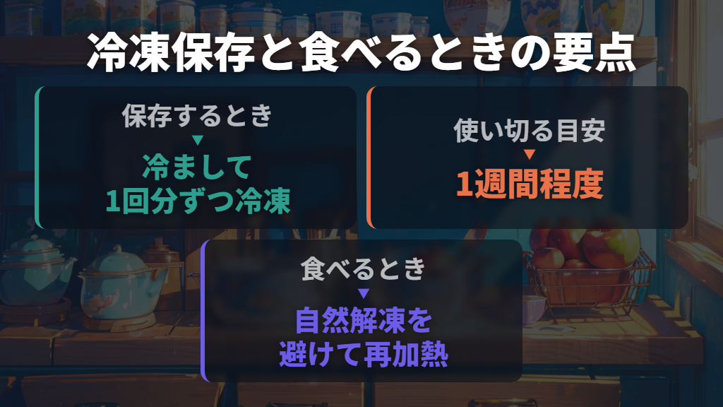 冷凍は1回分ずつ、1週間程度を目安に使い切る