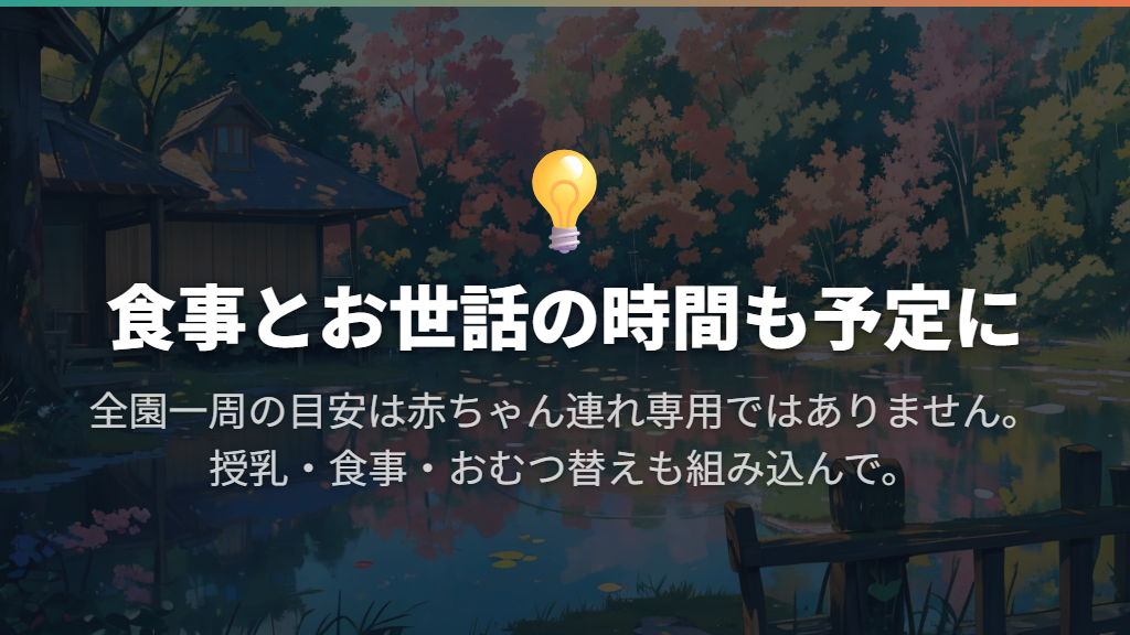 食事・休憩を途中に入れ、全園一周の時間は目安として考える
